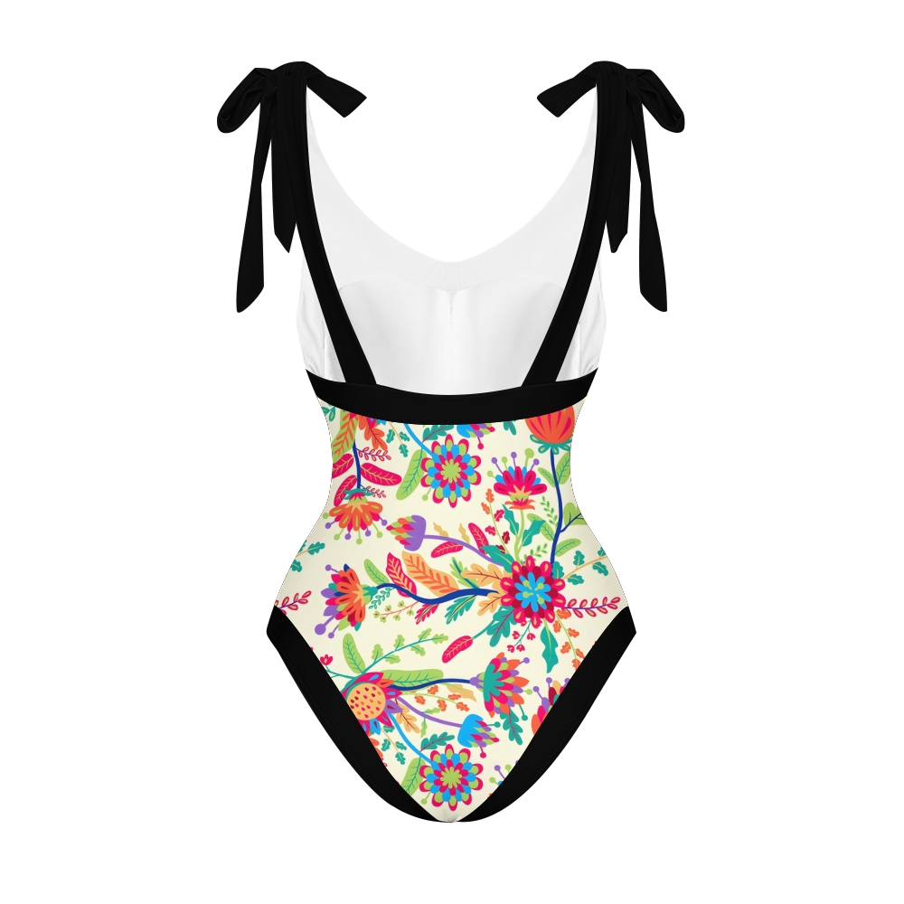 Women's Floral One Piece Swimsuit Set Black Waistband
