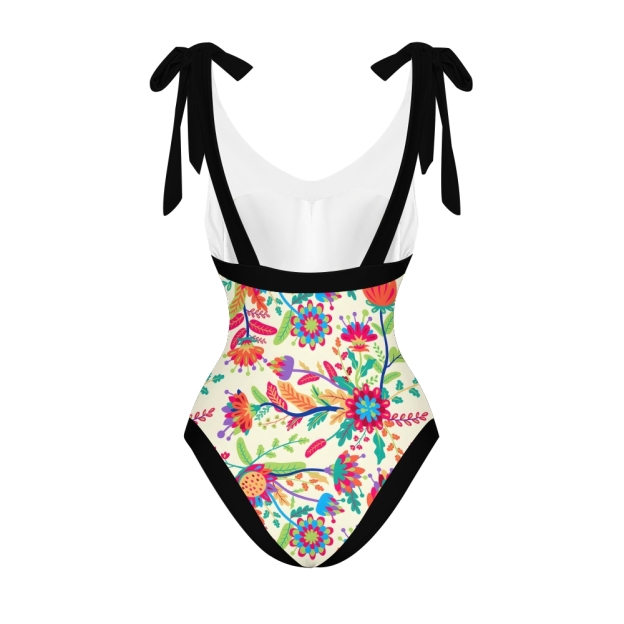 Women's Floral One Piece Swimsuit Set Black Waistband