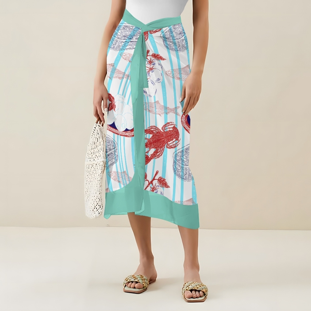 Striped One Piece Swimsuit and Coordinated Skirt with Seafood Illustration Set
