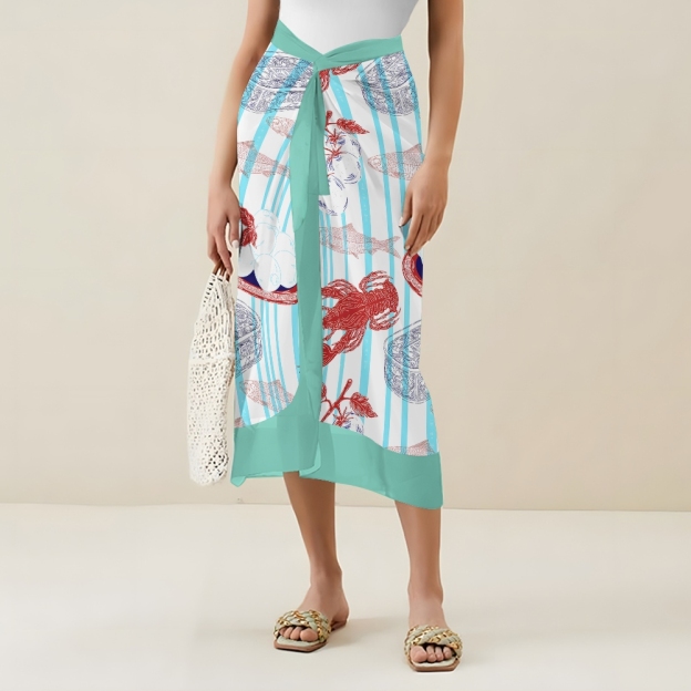 Striped One Piece Swimsuit and Coordinated Skirt with Seafood Illustration Set