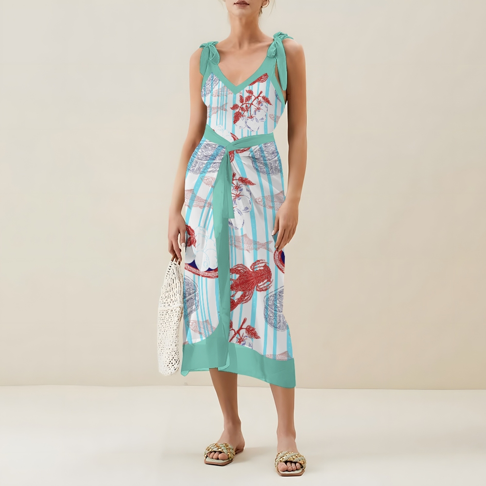 Striped One Piece Swimsuit and Coordinated Skirt with Seafood Illustration Set