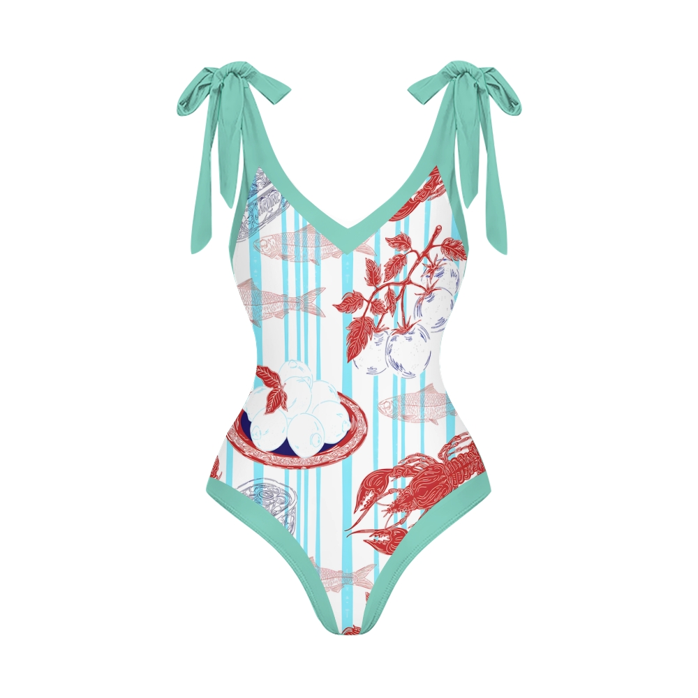 Striped One Piece Swimsuit and Coordinated Skirt with Seafood Illustration Set