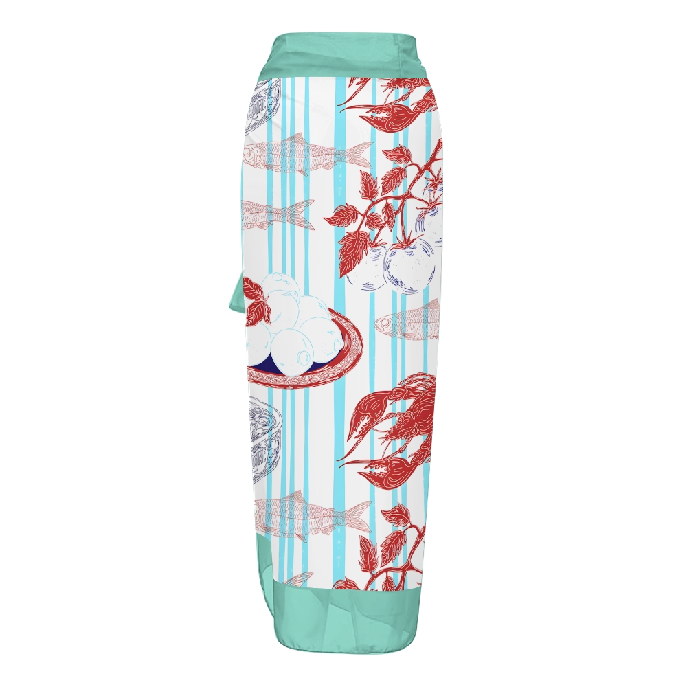 Striped One Piece Swimsuit and Coordinated Skirt with Seafood Illustration Set
