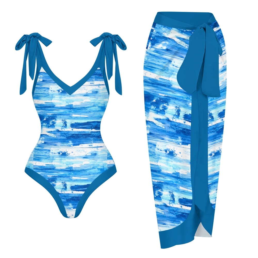 Women's Modern Resort Swimwear Set Abstract Print with Blue Tie Accent