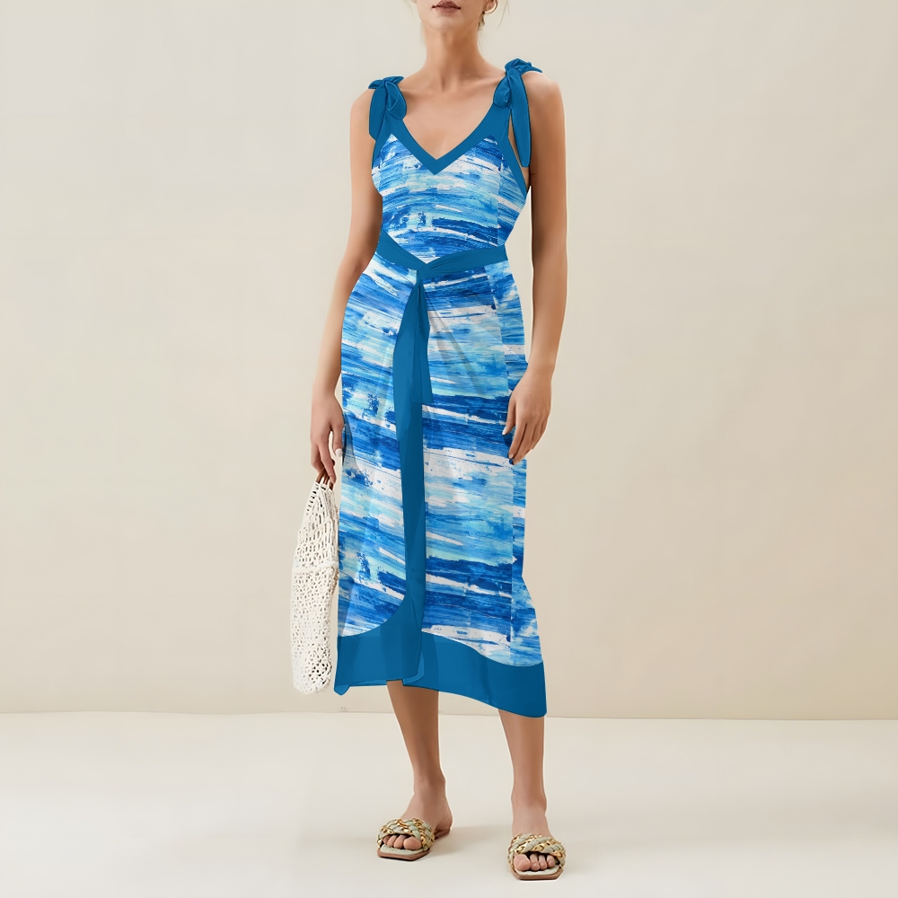 Women's Modern Resort Swimwear Set Abstract Print with Blue Tie Accents