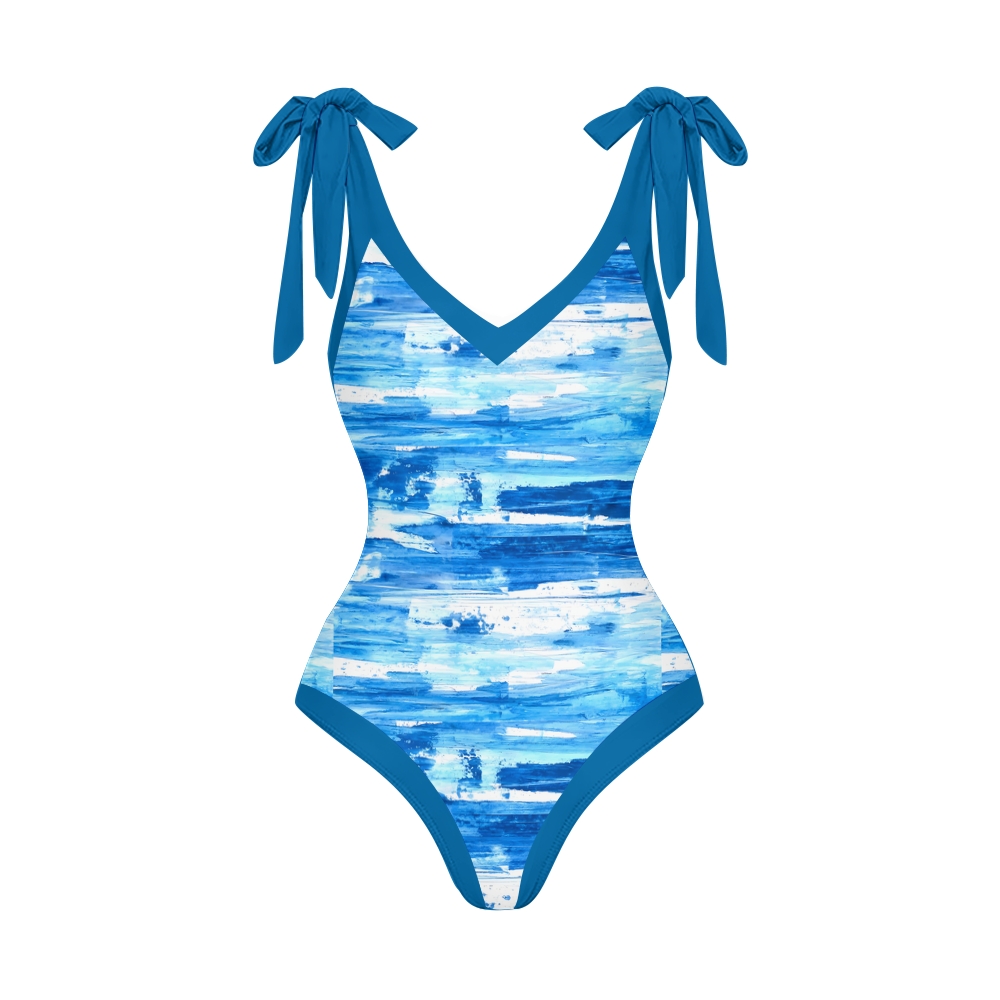 Women's Modern Resort Swimwear Set Abstract Print with Blue Tie Accents