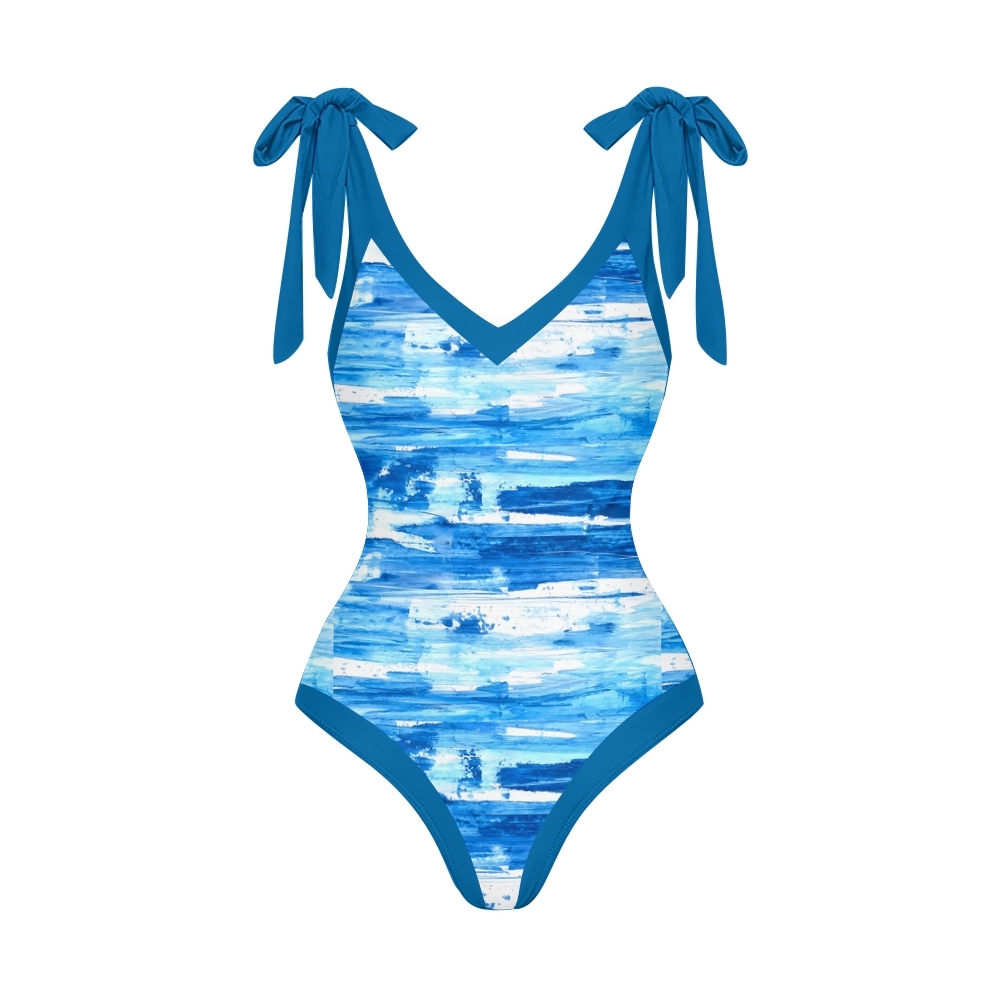 Women's Modern Resort Swimwear Set Abstract Print with Blue Tie Accents
