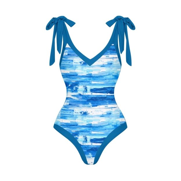 Women's Modern Resort Swimwear Set Abstract Print with Blue Tie Accents
