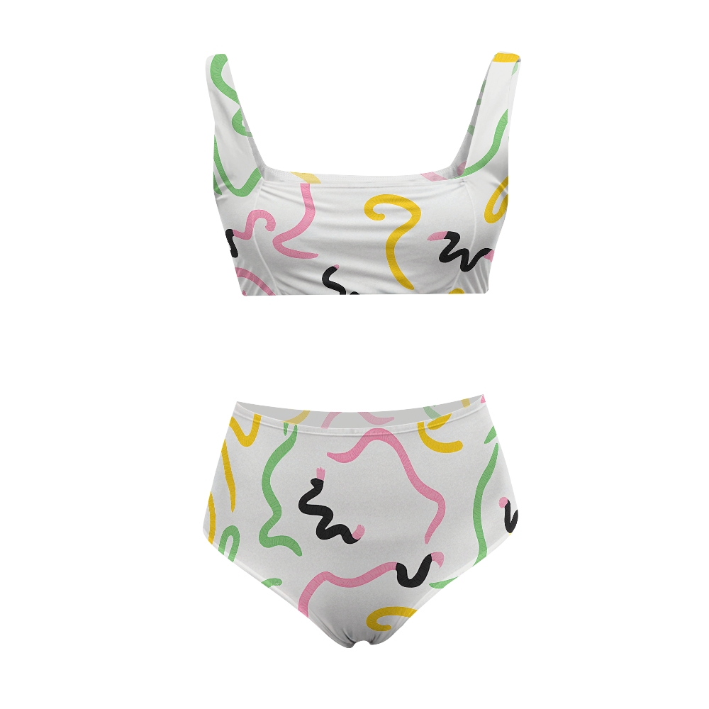 Women's wave-colored cartoon-style one-piece swimsuit and matching sarong skirt set