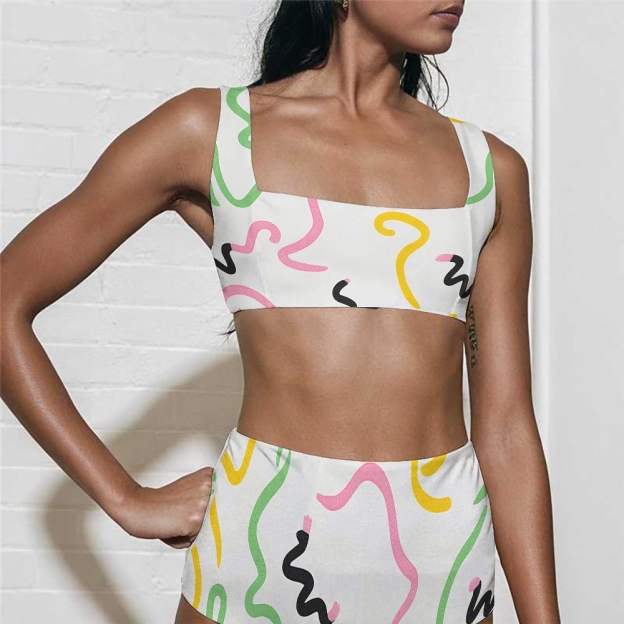 Women's wave-colored cartoon-style one-piece swimsuit and matching sarong skirt set