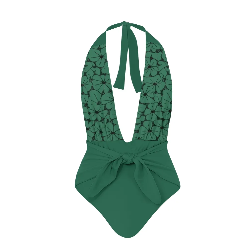 Women's Floral Halter One-Piece Swimsuit with Matching Sarong Skirt