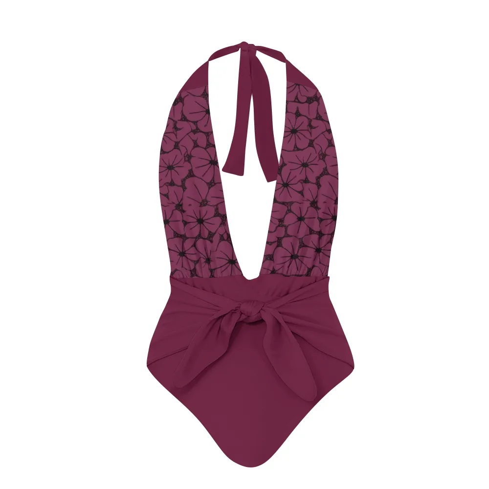 Women's Floral Halter One-Piece Swimsuit with Matching Sarong Skirt