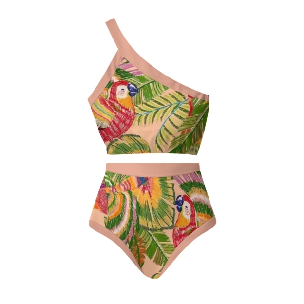 Women's Tropical One-Shoulder Bikini Set with Parrot Print and Matching Skirt
