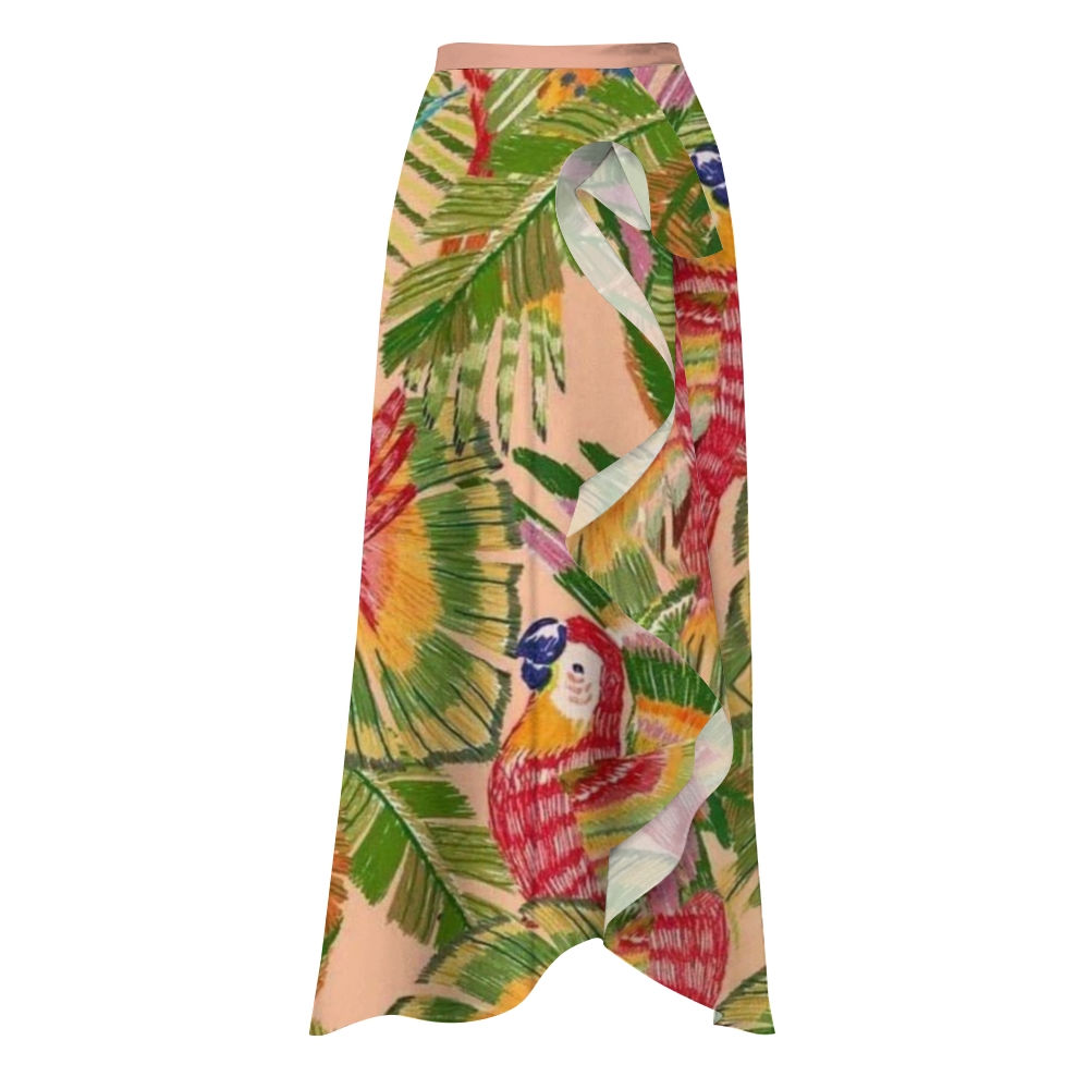 Women's Tropical One-Shoulder Bikini Set with Parrot Print and Matching Skirt