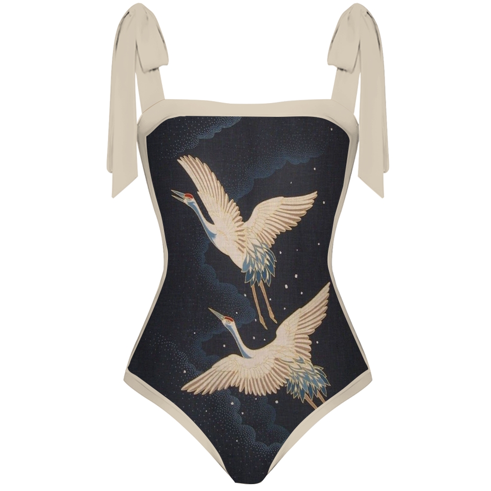 Women's Crane Print One-Piece Swimsuit with Matching Sarong Skirt