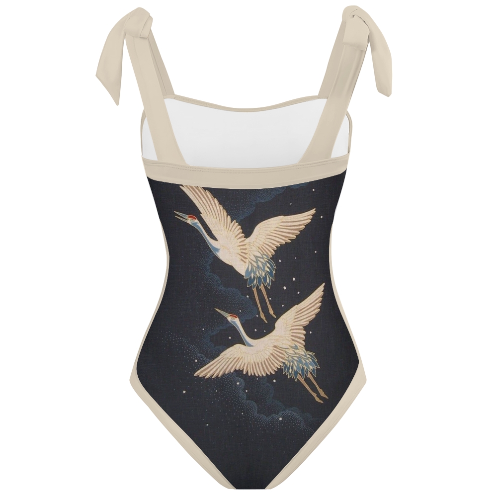 Women's Crane Print One-Piece Swimsuit with Matching Sarong Skirt