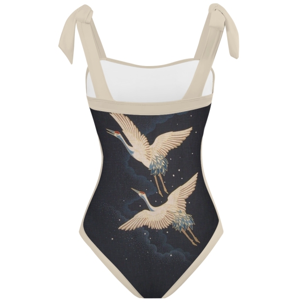 Women's Crane Print One-Piece Swimsuit with Matching Sarong Skirt