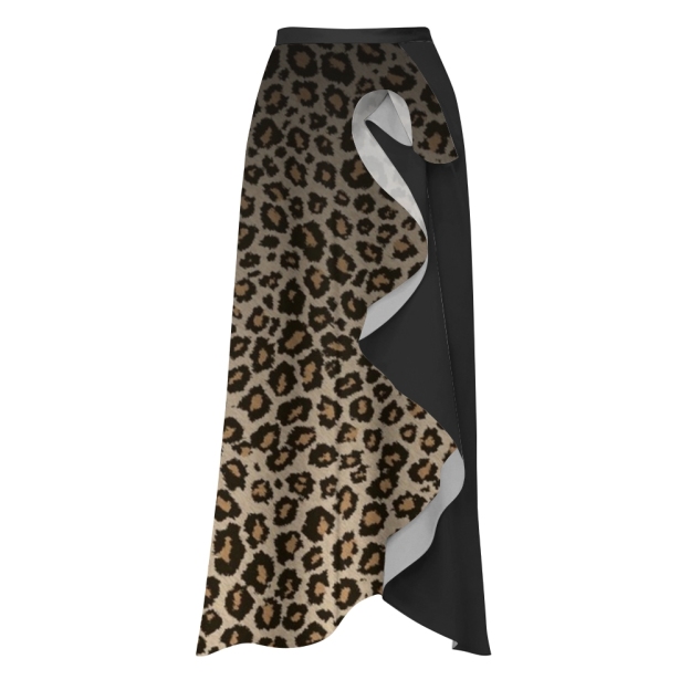 Women's Leopard Print Deep V-Neck One-Piece Swimsuit with Tie Shoulder Straps and Matching Skirt Set