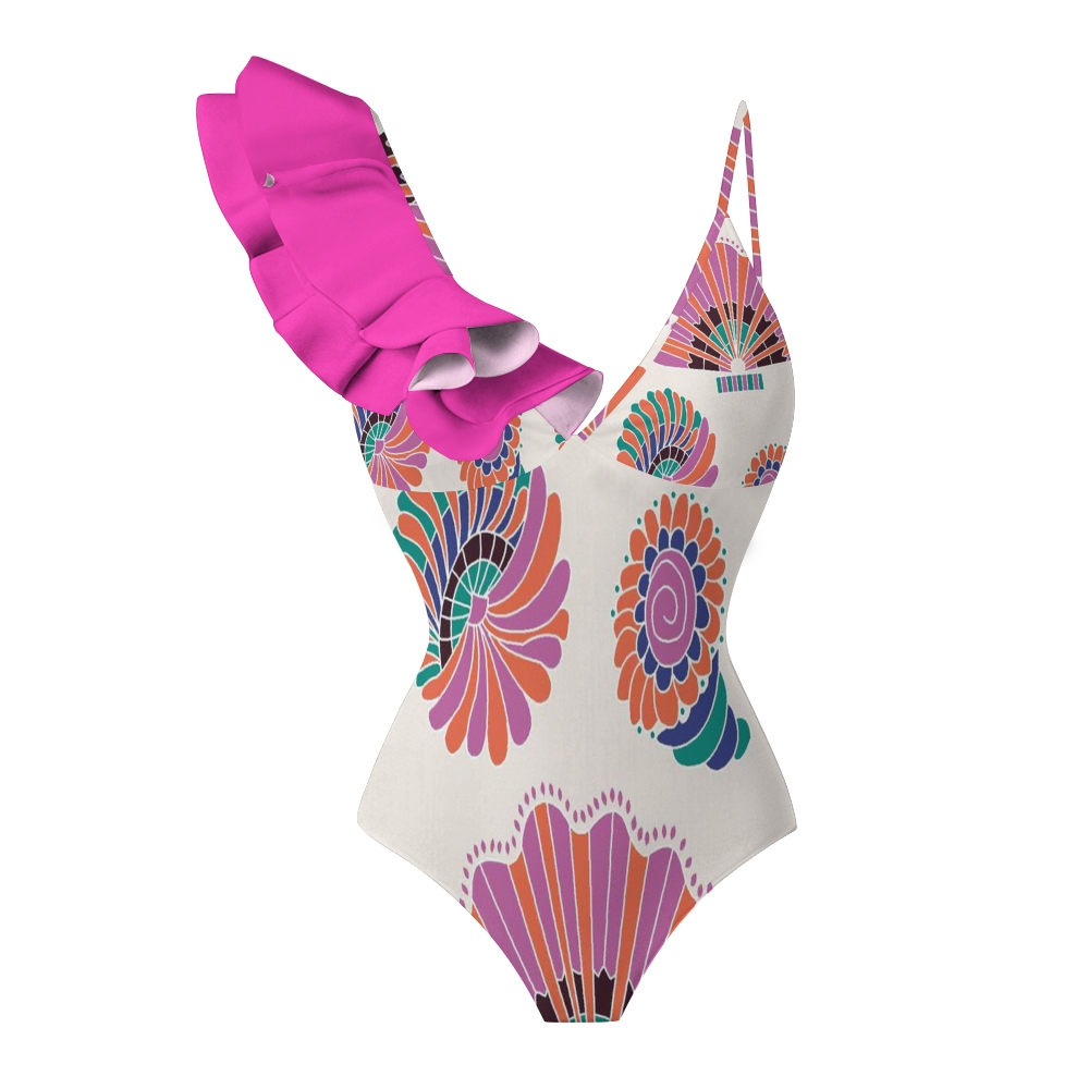 Women's One Shoulder Ruffle One Piece Swimsuit with Matching Sarong Skirt
