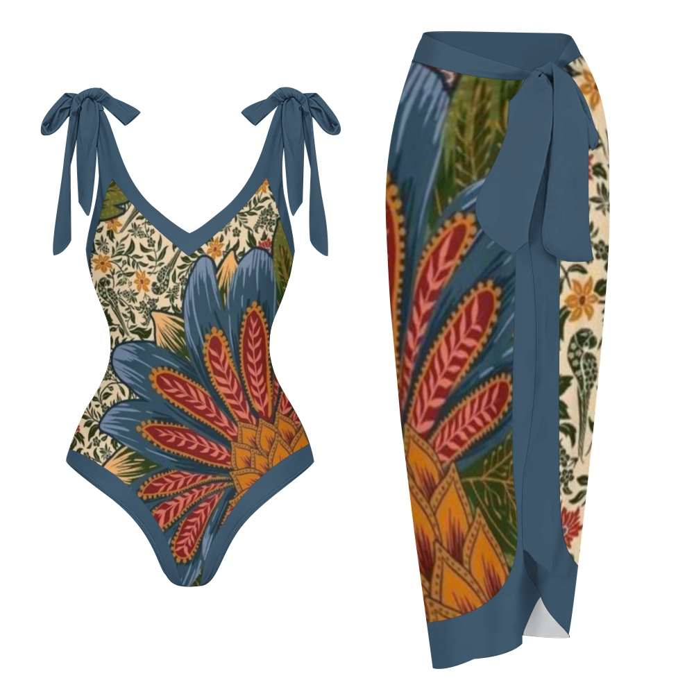 Women's Floral Print One Piece Swimsuit with Matching Sarong Skirt
