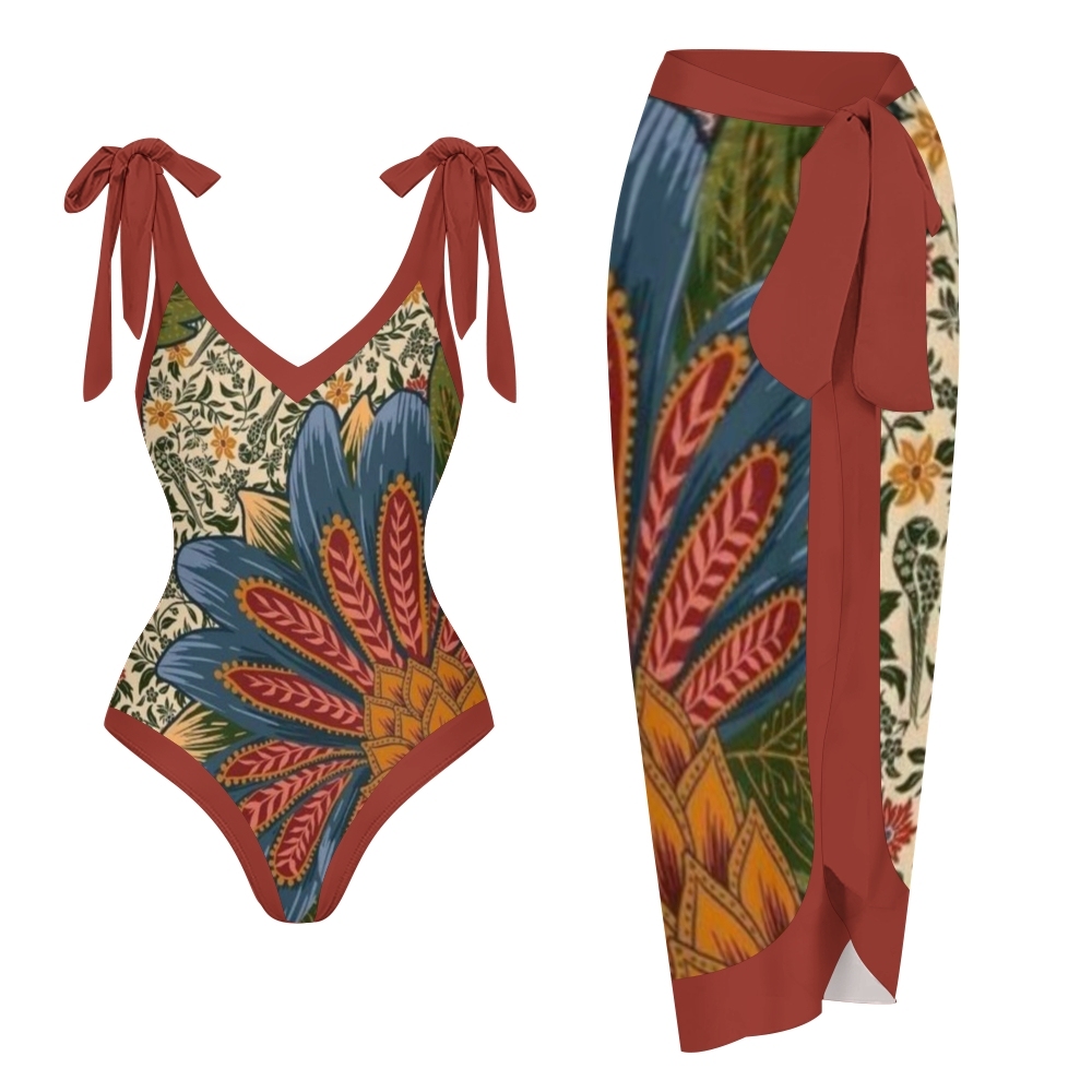 Women's Floral Print One Piece Swimsuit with Matching Sarong Skirt