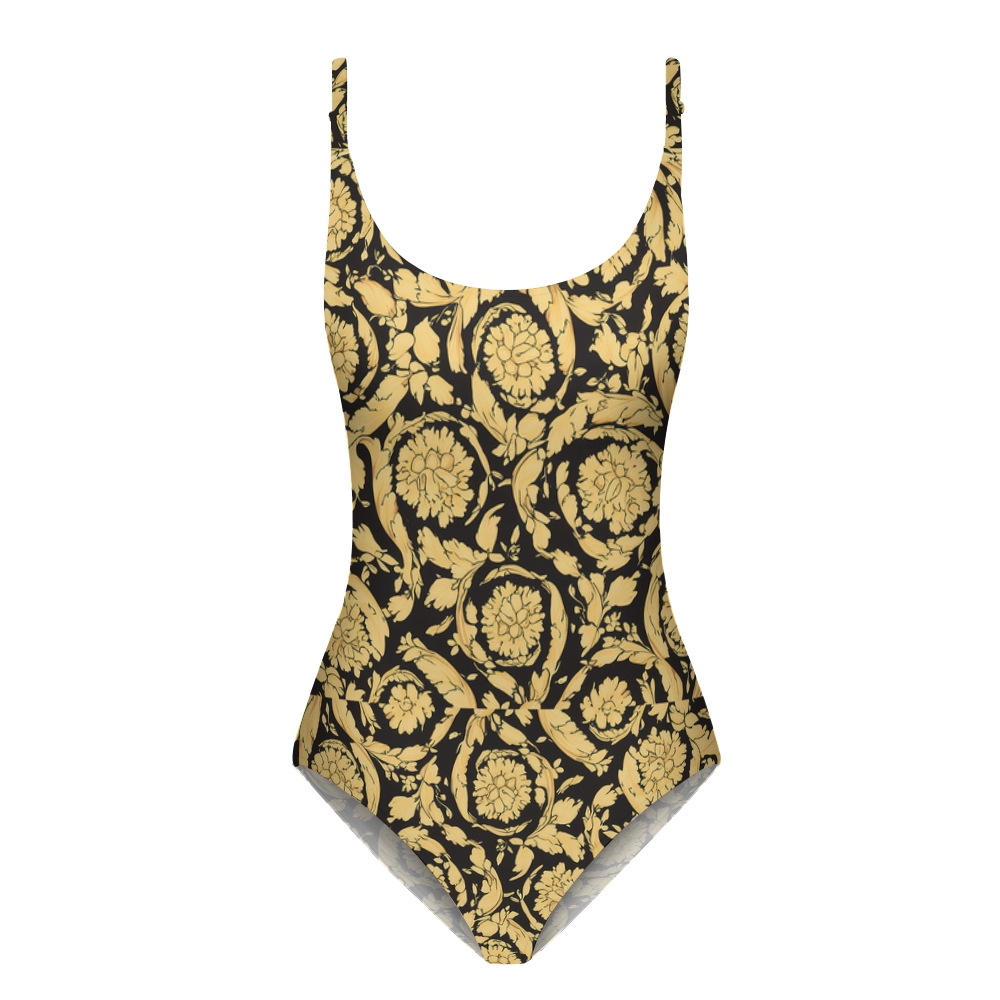 Women's Gold Floral Baroque Print One Piece Swimsuit with Matching Sarong Skirt