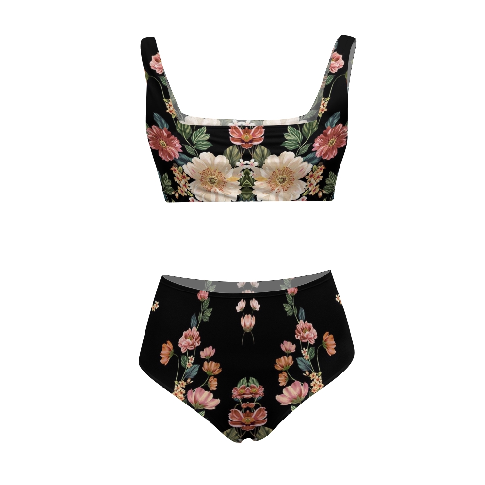Women's High Waisted Floral Print Bikini Set Black Two Piece Swimsuit