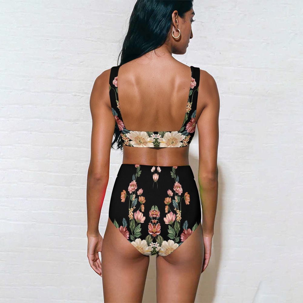Women's High Waisted Floral Print Bikini Set Black Two Piece Swimsuit