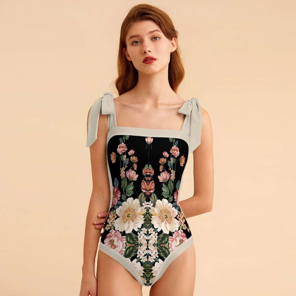 Women's Floral Print Black One-Piece Swimsuit