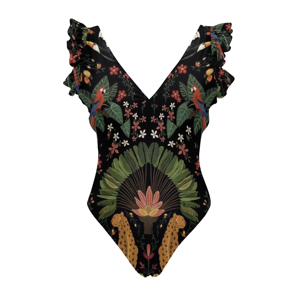 Parrot and Floral Pattern One Piece Swimsuit