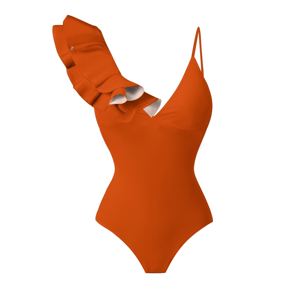 One Shoulder Ruffle Deep V Neck Multi Color Options One Piece Swimsuit