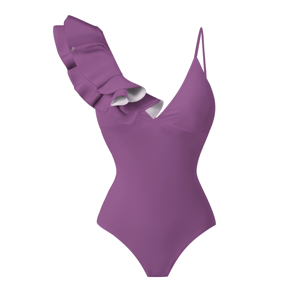 One Shoulder Ruffle Deep V Neck Multi Color Options One Piece Swimsuit