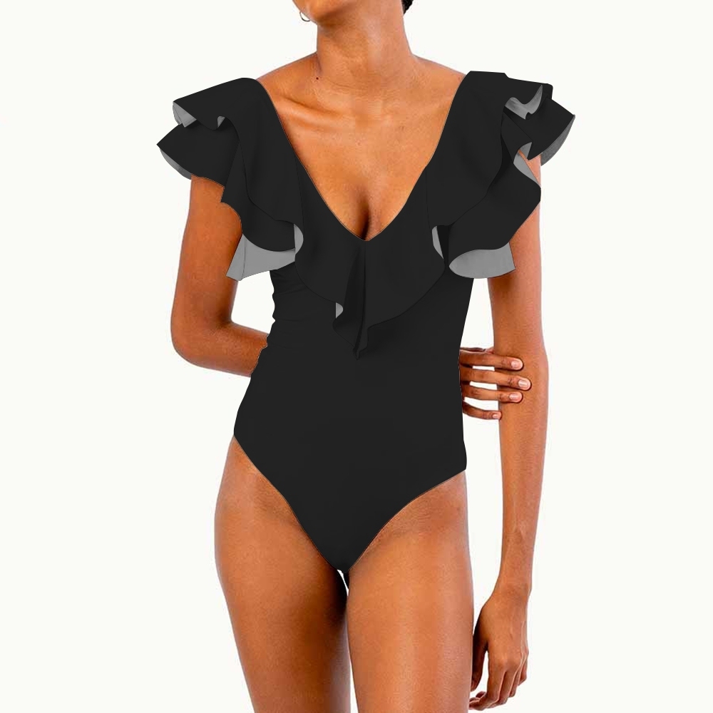 Women's Deep V Neck Ruffle Sleeve One Piece Solid Color Multiple Optio