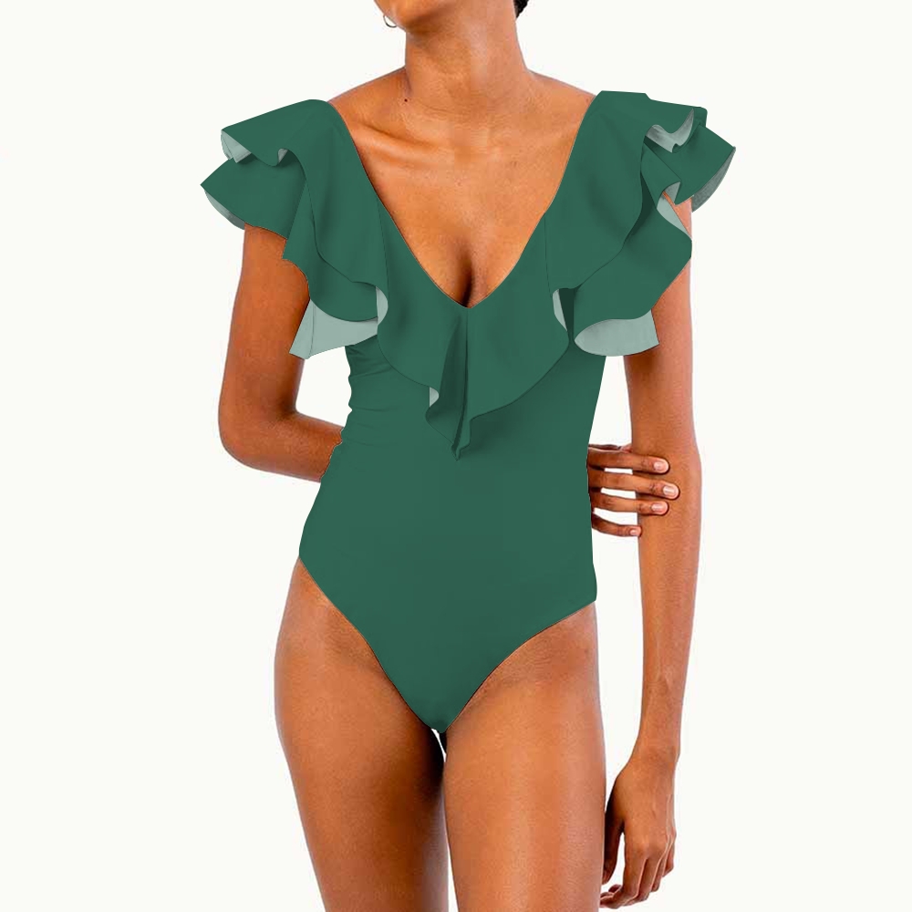 Women's Deep V Neck Ruffle Sleeve One Piece Solid Color Multiple Options Swimsuit