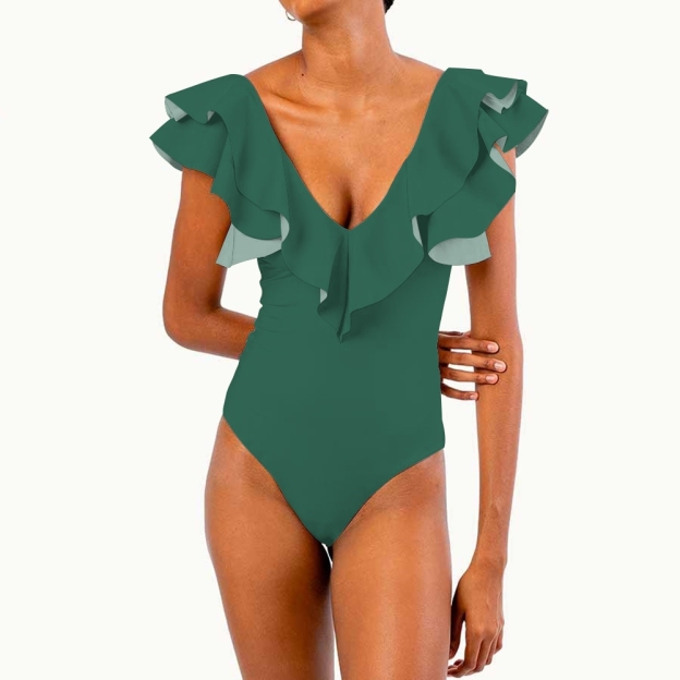 Women's Deep V Neck Ruffle Sleeve One Piece Solid Color Multiple Options Swimsuit