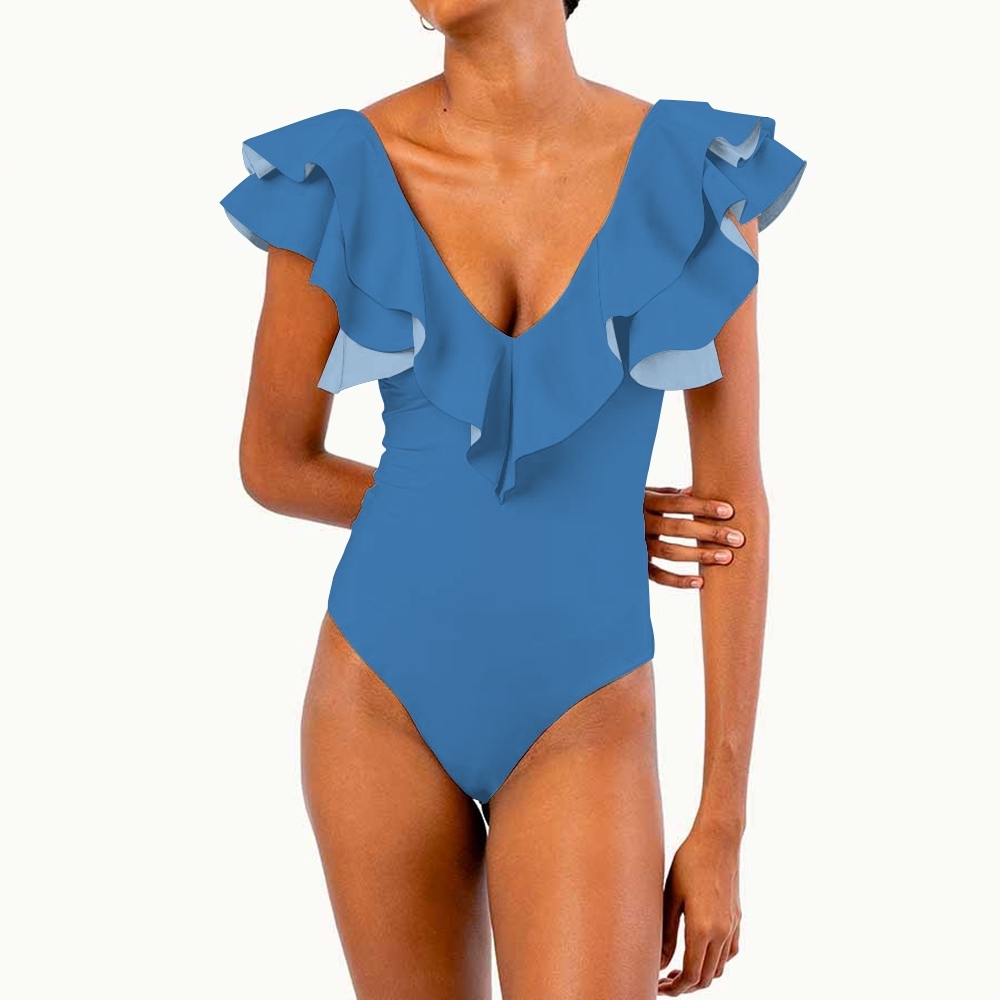 Women's Deep V Neck Ruffle Sleeve One Piece Solid Color Multiple Optio