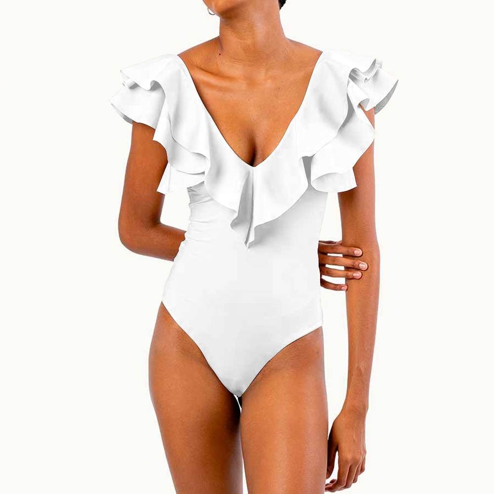 Women's Deep V Neck Ruffle Sleeve One Piece Solid Color Multiple Options Swimsuit