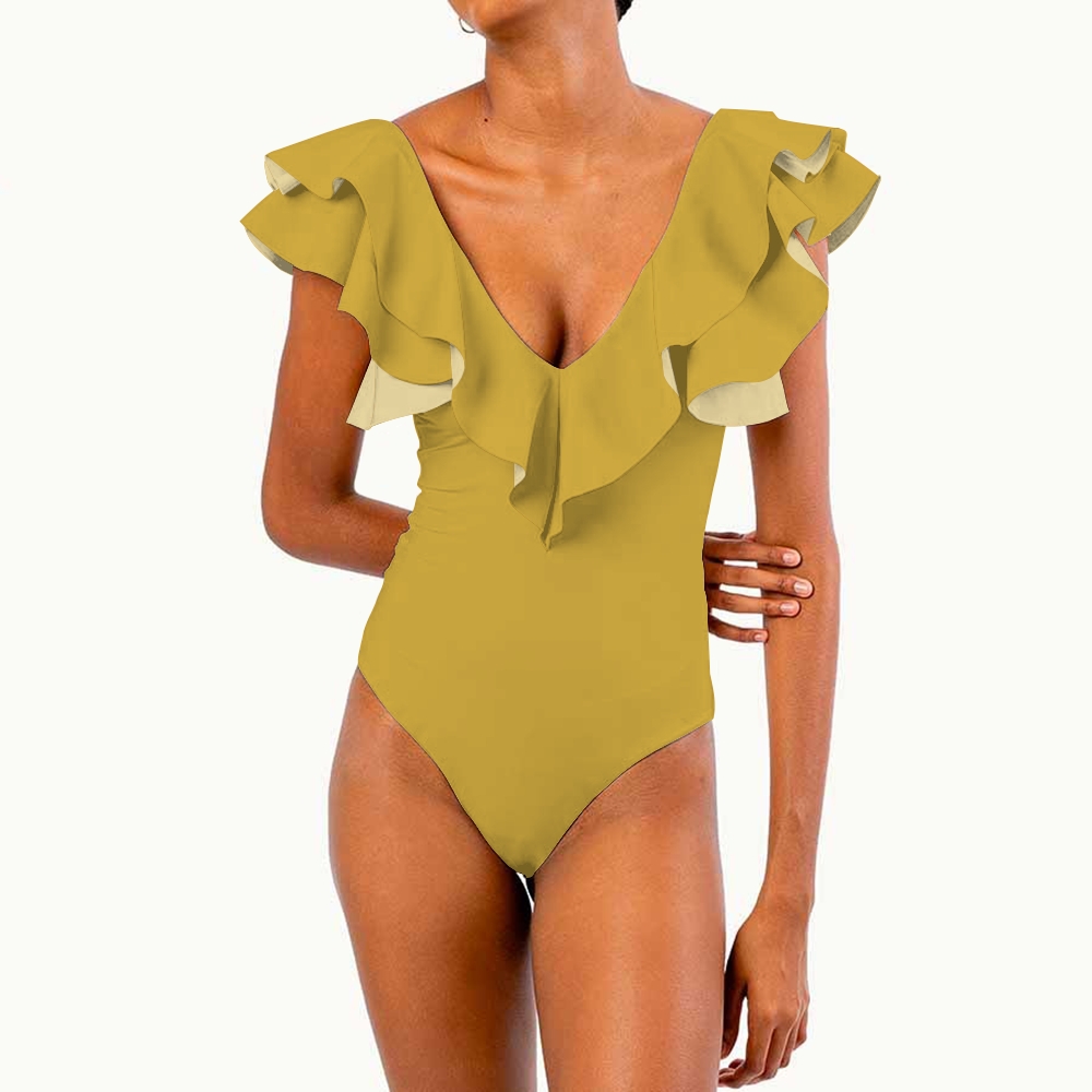Women's Deep V Neck Ruffle Sleeve One Piece Solid Color Multiple Options Swimsuit