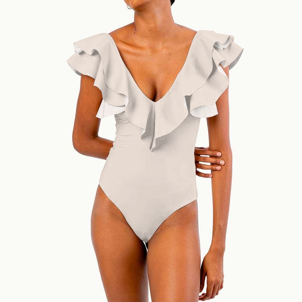 Women's Deep V Neck Ruffle Sleeve One Piece Solid Color Multiple Options Swimsuit
