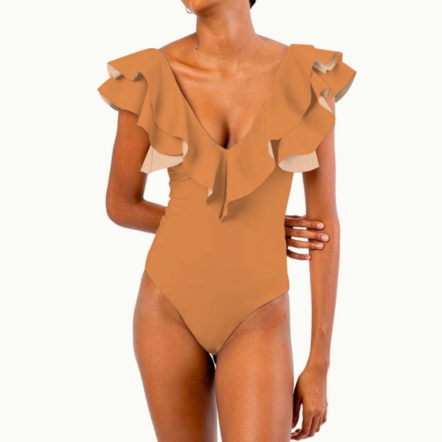 Women's Deep V Neck Ruffle Sleeve One Piece Solid Color Multiple Options Swimsuit