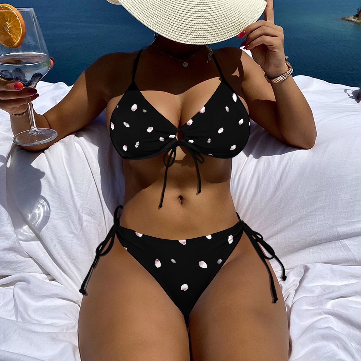 Sexy Black and White Polka Dot Bikini for Women Halter Top with Tie Side Bottom