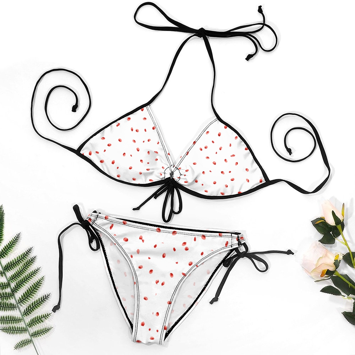 Sexy Black and White Polka Dot Bikini for Women Halter Top with Tie Side Bottom