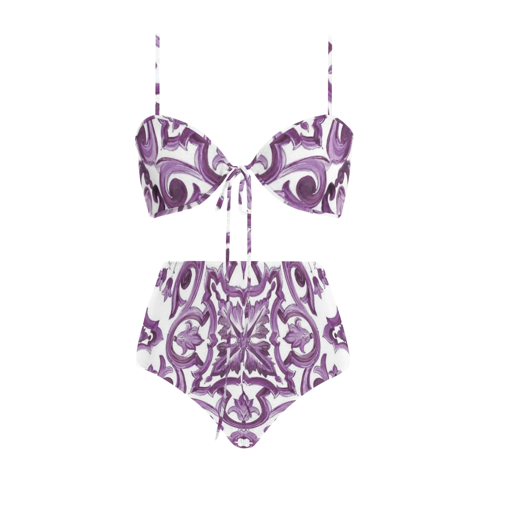 Elegant Baroque Pattern Bikini Set with Front Tie Top and Coordinated Sarong Skirt