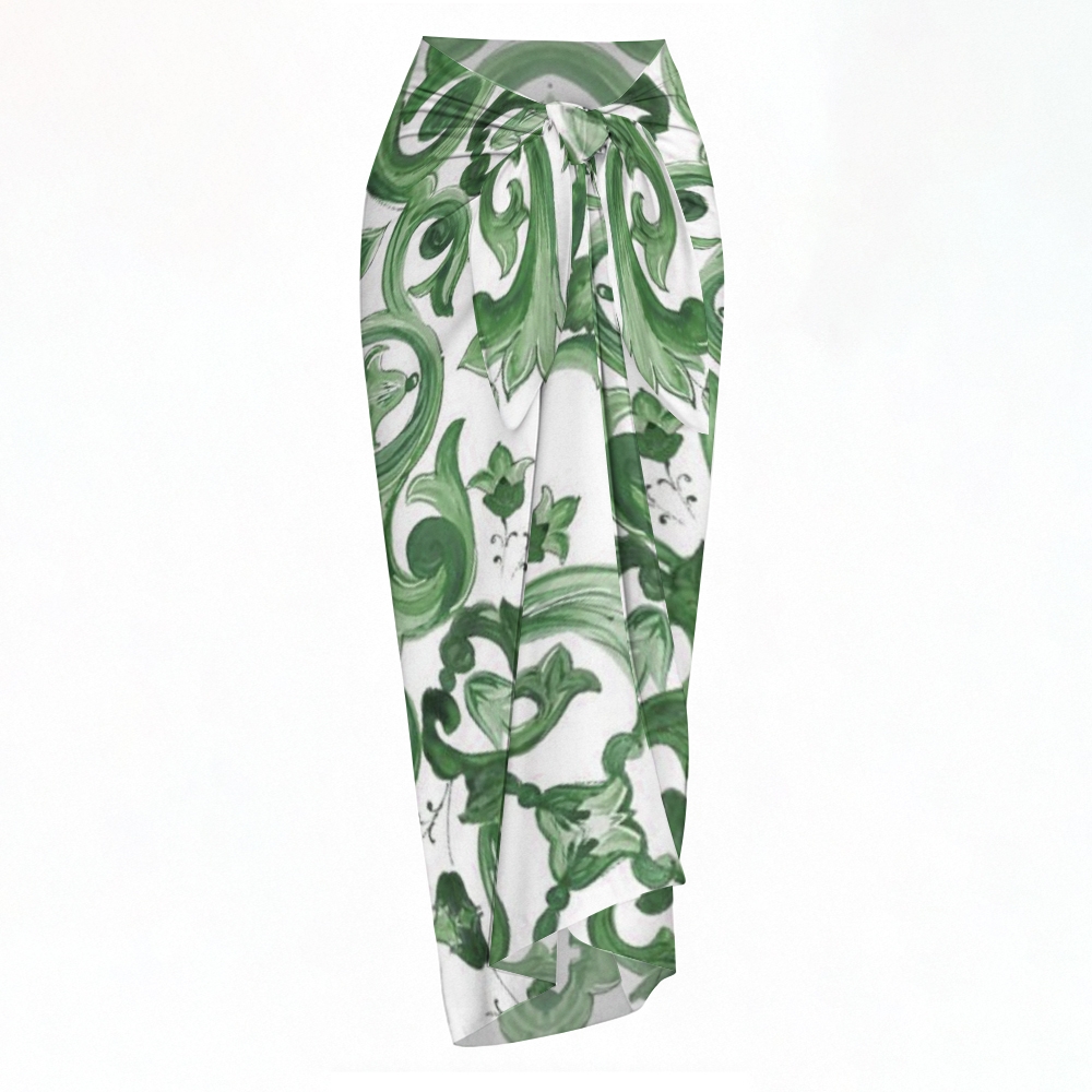 Elegant Baroque Pattern Bikini Set with Front Tie Top and Coordinated Sarong Skirt