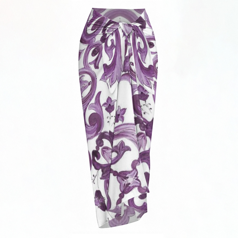 Elegant Baroque Pattern Bikini Set with Front Tie Top and Coordinated Sarong Skirt