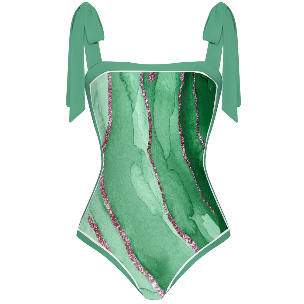 Women's Watercolor Shoulder Tie Straps One Piece Swimsuit Matching Sarong Skirt