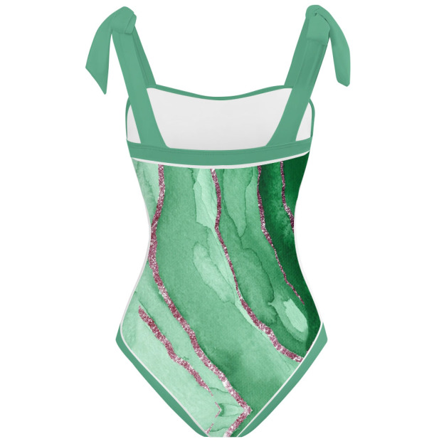 Women's Watercolor Shoulder Tie Straps One Piece Swimsuit Matching Sarong Skirt