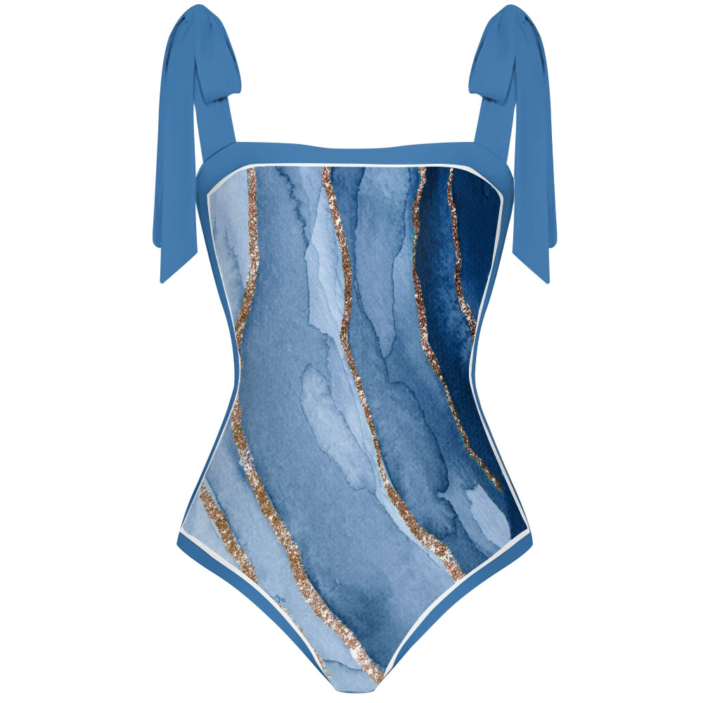 Women's Watercolor Shoulder Tie Straps One Piece Swimsuit Matching Sarong Skirt