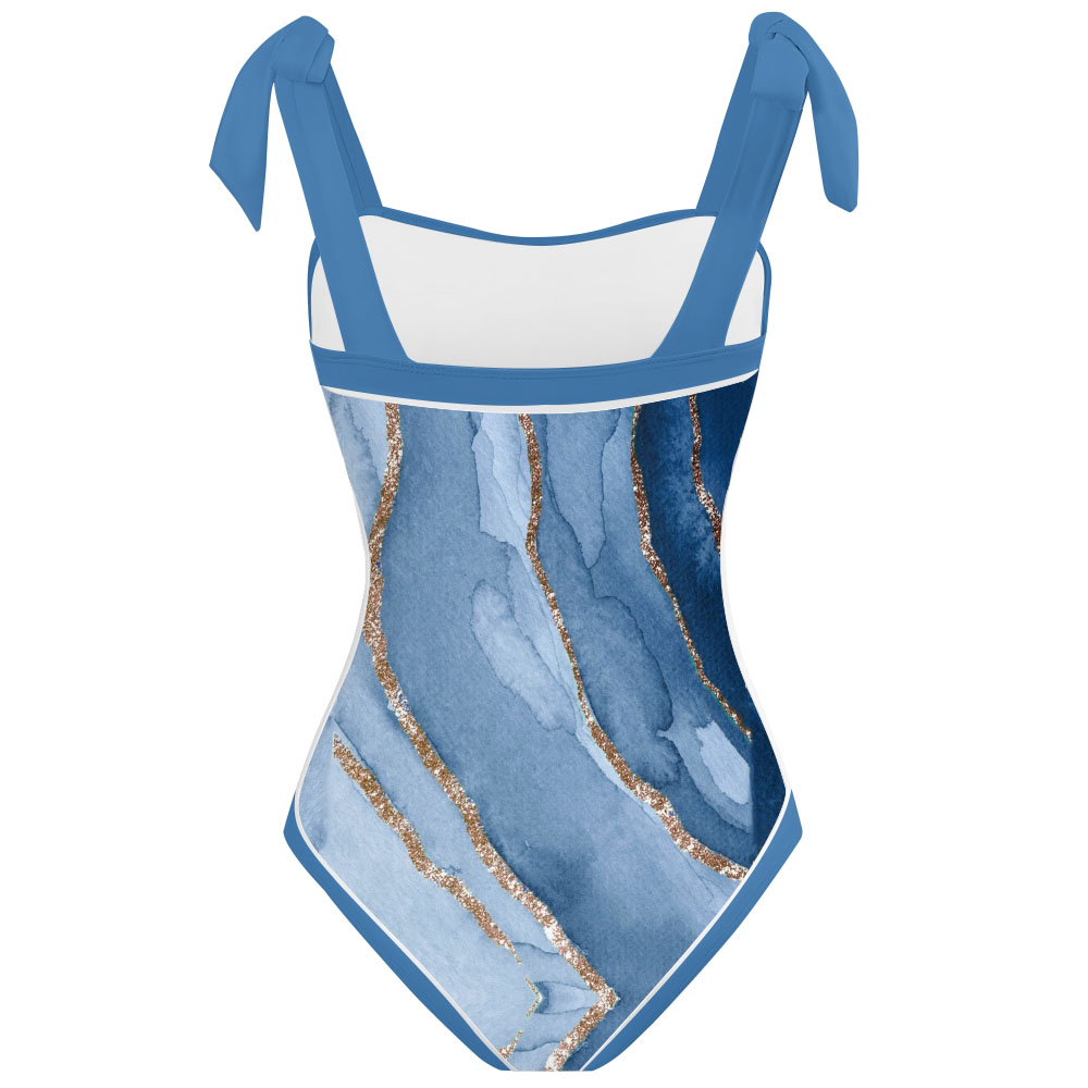 Women's Watercolor Shoulder Tie Straps One Piece Swimsuit Matching Sarong Skirt