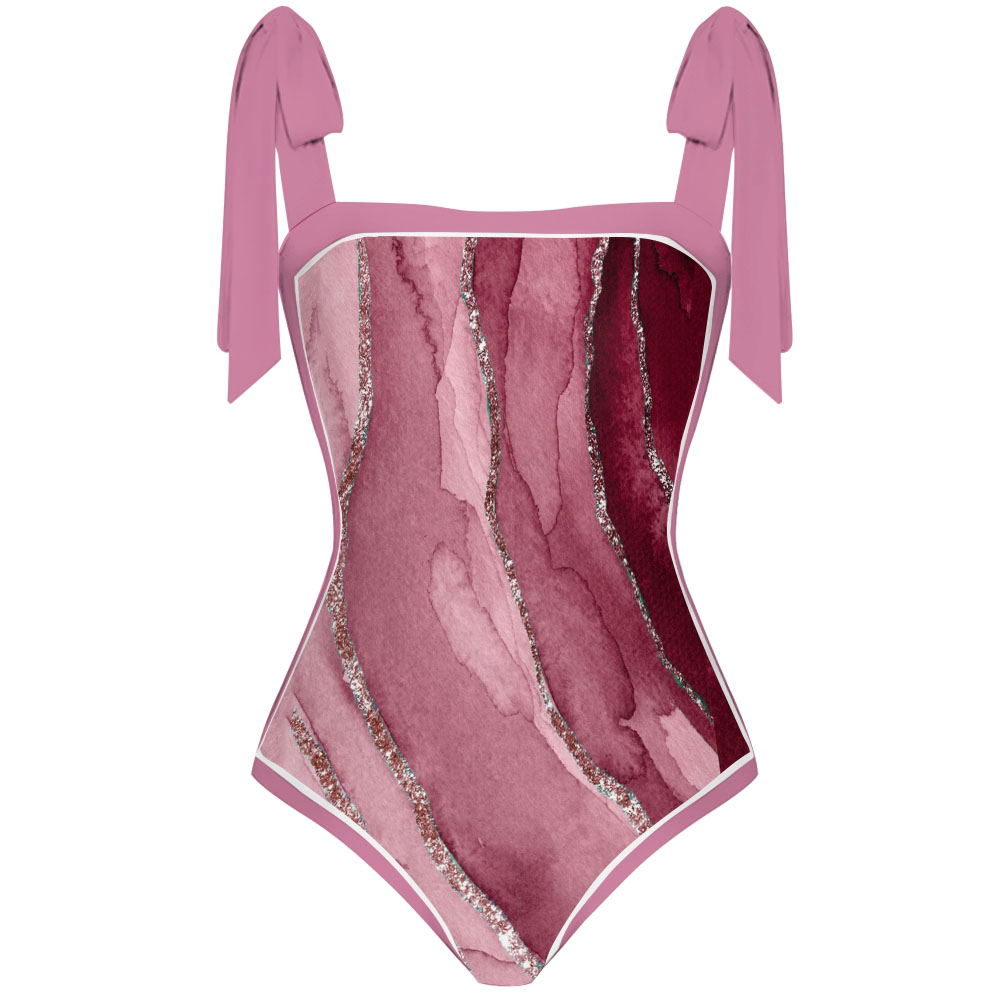 Women's Watercolor Shoulder Tie Straps One Piece Swimsuit Matching Sarong Skirt